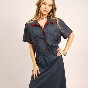 80s Navy Shirt Dress (L) large blue vintage maxi retro rockabilly pinup chic